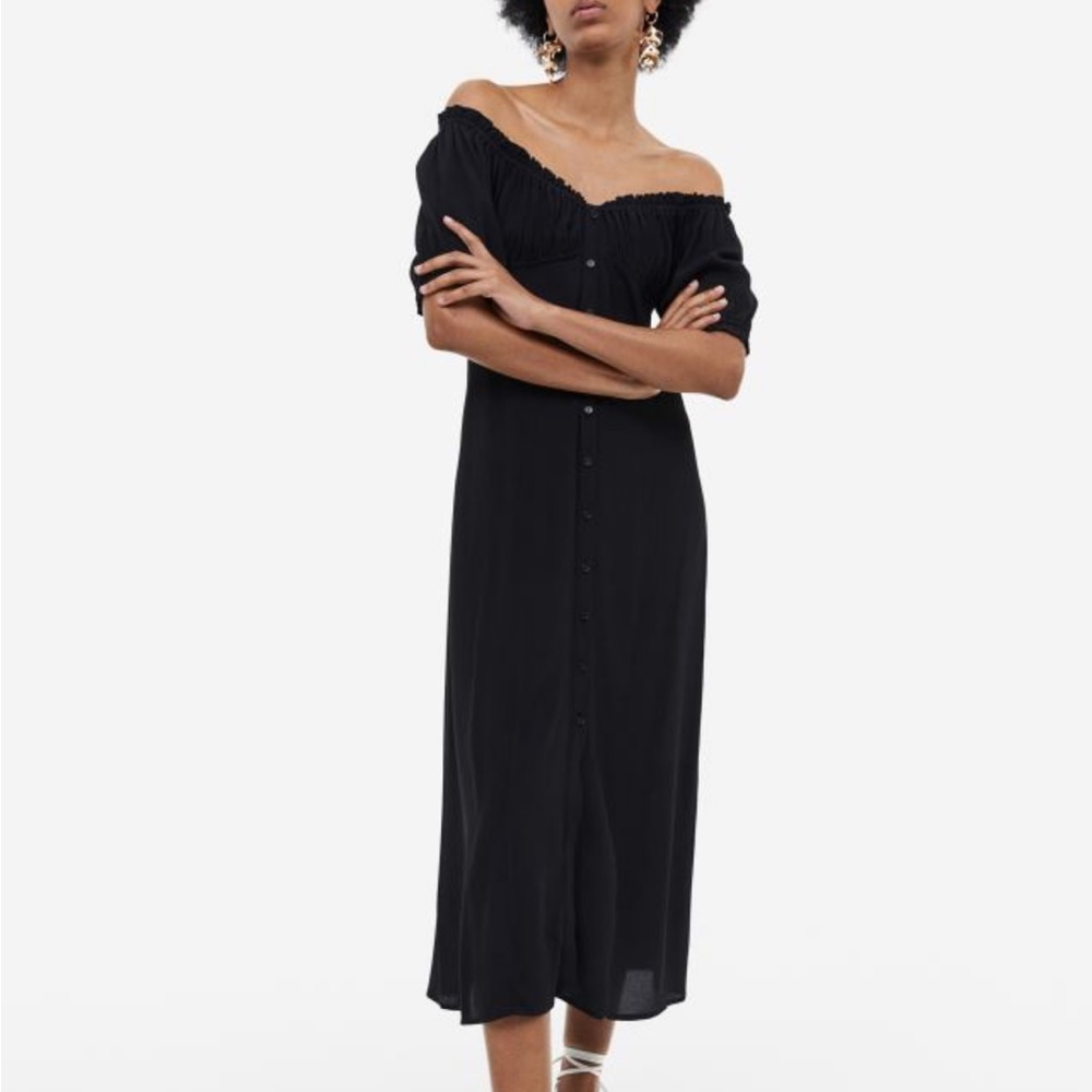 H&M Off shoulder black midi button down dress